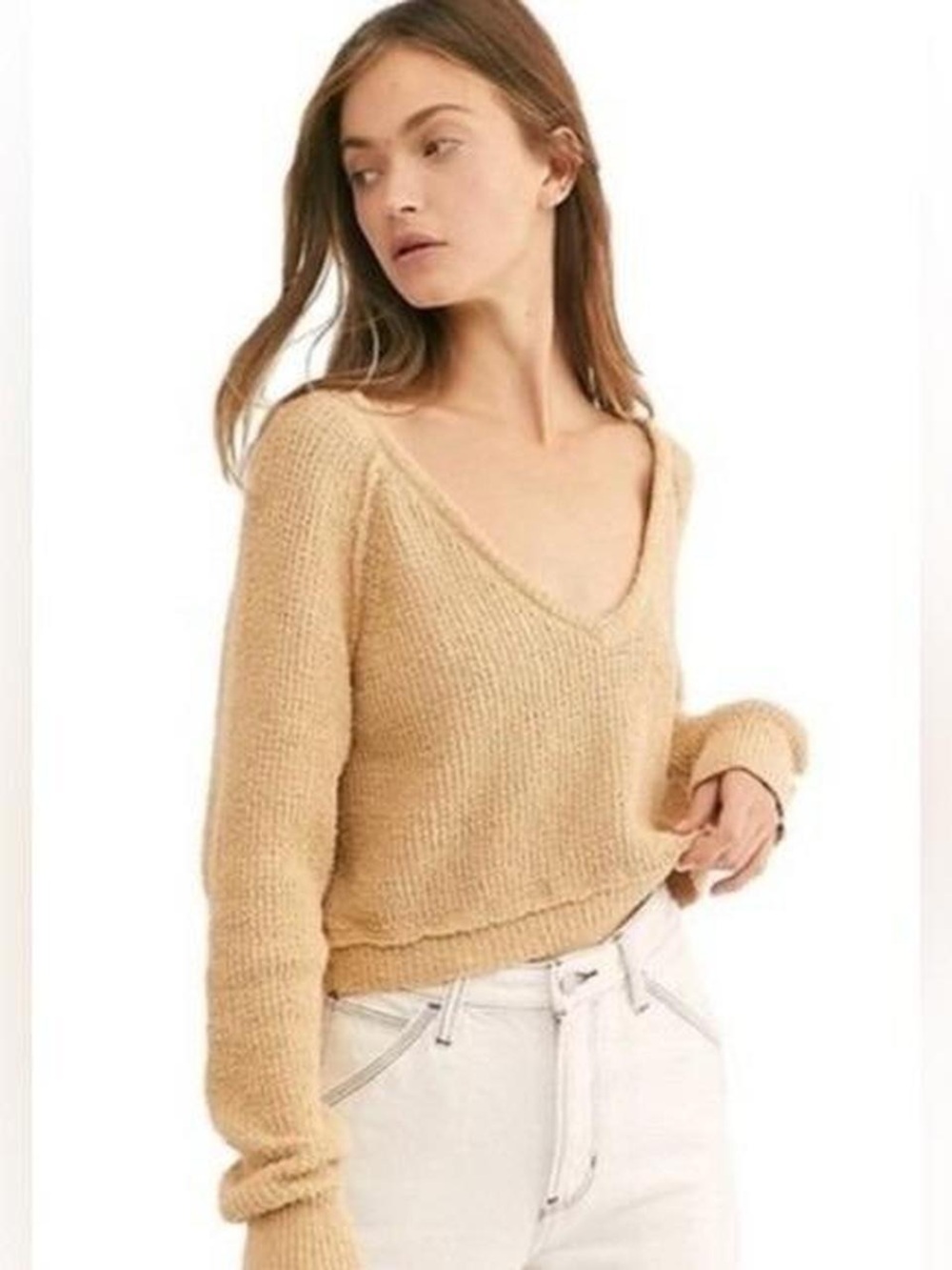 Free People V-Neck Sweater in Camel beige size medium relaxed fit